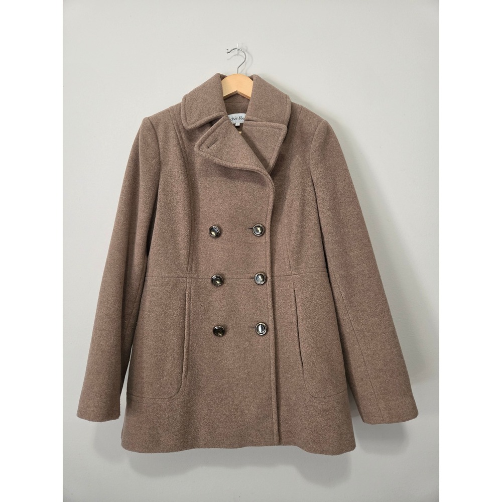 Calvin Klein Womens Tan Wool Blend Double Breasted Pea Coat Size 6 RN54163